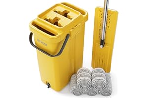 JOYMOOP Industrial Mop and Bucket Set, 17.7-inch Dust Mops for Floor Cleaning, Flat Mop Bucket with Wringer, Include 5 Reusable Microfiber Mop Pads - Yellow