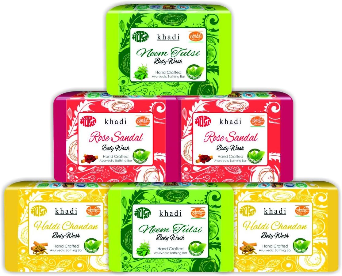 Meghdoot Khadi Body Wash Soap Haldi Chandan 125gm x 2pc, Neem Tulsi 125gm x 2pc Rose Sandal 125gm x 2pc