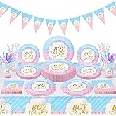 Gender Reveal Party Tableware Set - 114 Pcs Boy or Girl Paper Plates Cups Napkins Straws Tableware Set Tablecloth Banner Tableware Supplies Baby Shower Decorations