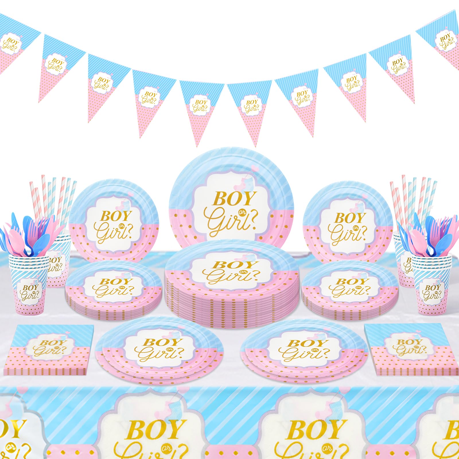 Gender Reveal Party Tableware Set - 114 Pcs Boy or Girl Paper Plates Cups Napkins Straws Tableware Set Tablecloth Banner Tableware Supplies Baby Shower Decorations