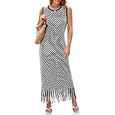 Wenrine Womens Summer Crochet Knit Dress Sleeveless Casual Striped Tassel Tank Sweater Boho Maxi Dresses