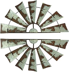 Zeckos 24 inch Rusty Weathered Metal Half Windmill Farmhouse Wall Hangings Set of 2