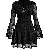 BEAUDRM Women's Y2k Plus Size Hippie Vintage Boho Dress Leopard Bell Long Sleeve V Neck Bow Mesh Goth Mini Dresses