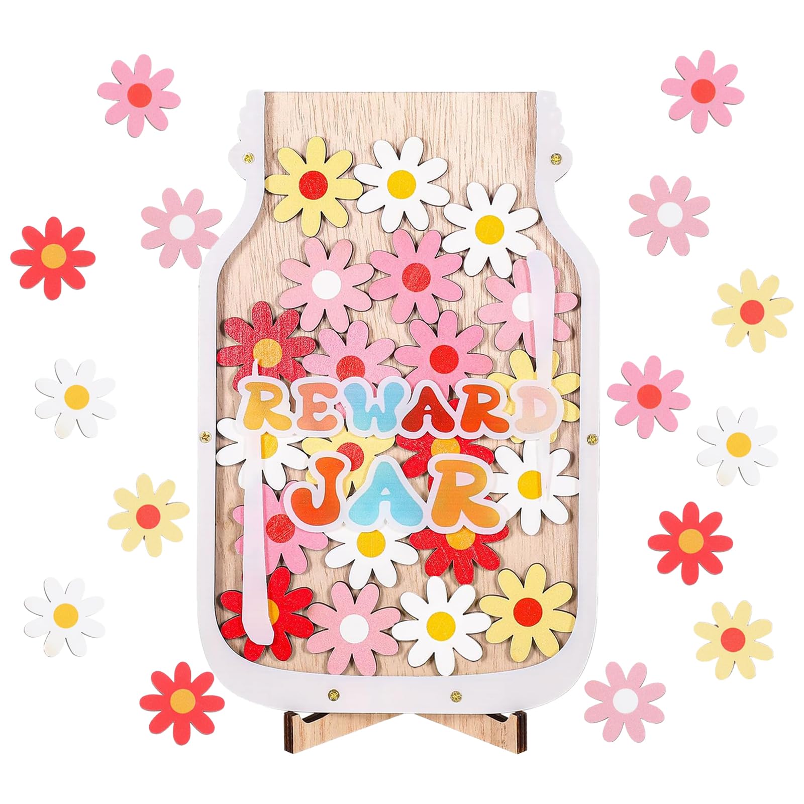 1Pcs Reward Jar, Star Jar Reward System, Reward Jars for Children, Wooden Colorful Flower Reward Jar for Children's Behavior for Home School Classroom Teacher Parent