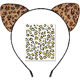 NESTRE Leopard Ears Headband & Face Stickers Cheetah Cat Ears Headpiece Leopard Print Accessories for Adult Halloween Party Cosplay Women Costume/dark brown