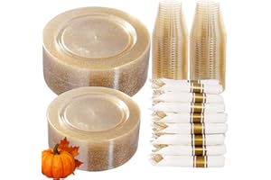 DaYammi 350 Pieces Gold Glitter Dinnerware Set 50 Guest for Party Thanksgiving Plates Disposable - 50 Dinner Plates, 50 Dessert Platos -50 Per Rolled Napkins with Gold Cutlery -50 Disposable Cups 9 OZ