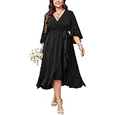 SCOMCHIC Womens Plus Size Wedding Guest Dress Fall 3/4 Sleeve Wrap V Neck High Low Ruffle Hem Maxi Cocktail Formal Dresses