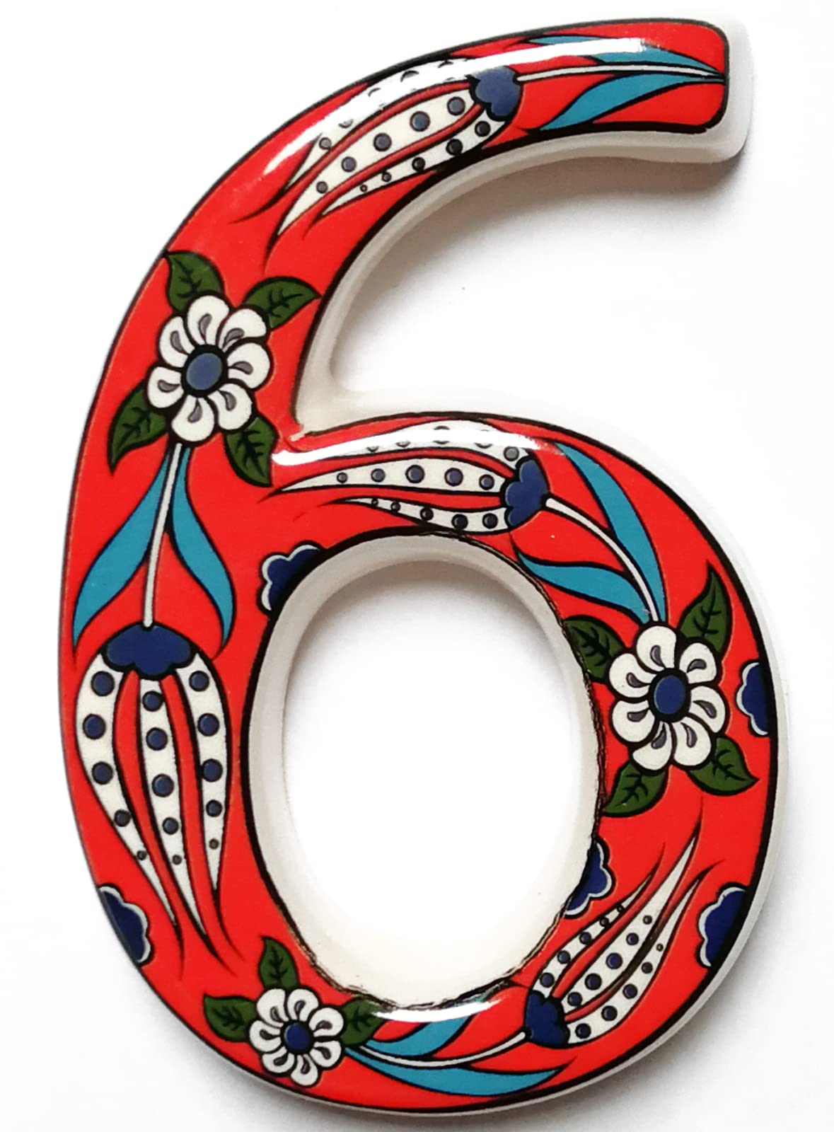 Anatolica Red Ceramic Colorful Address Number 6, 4.7-inch tall, Designed to be Highly Visible from a Distance
