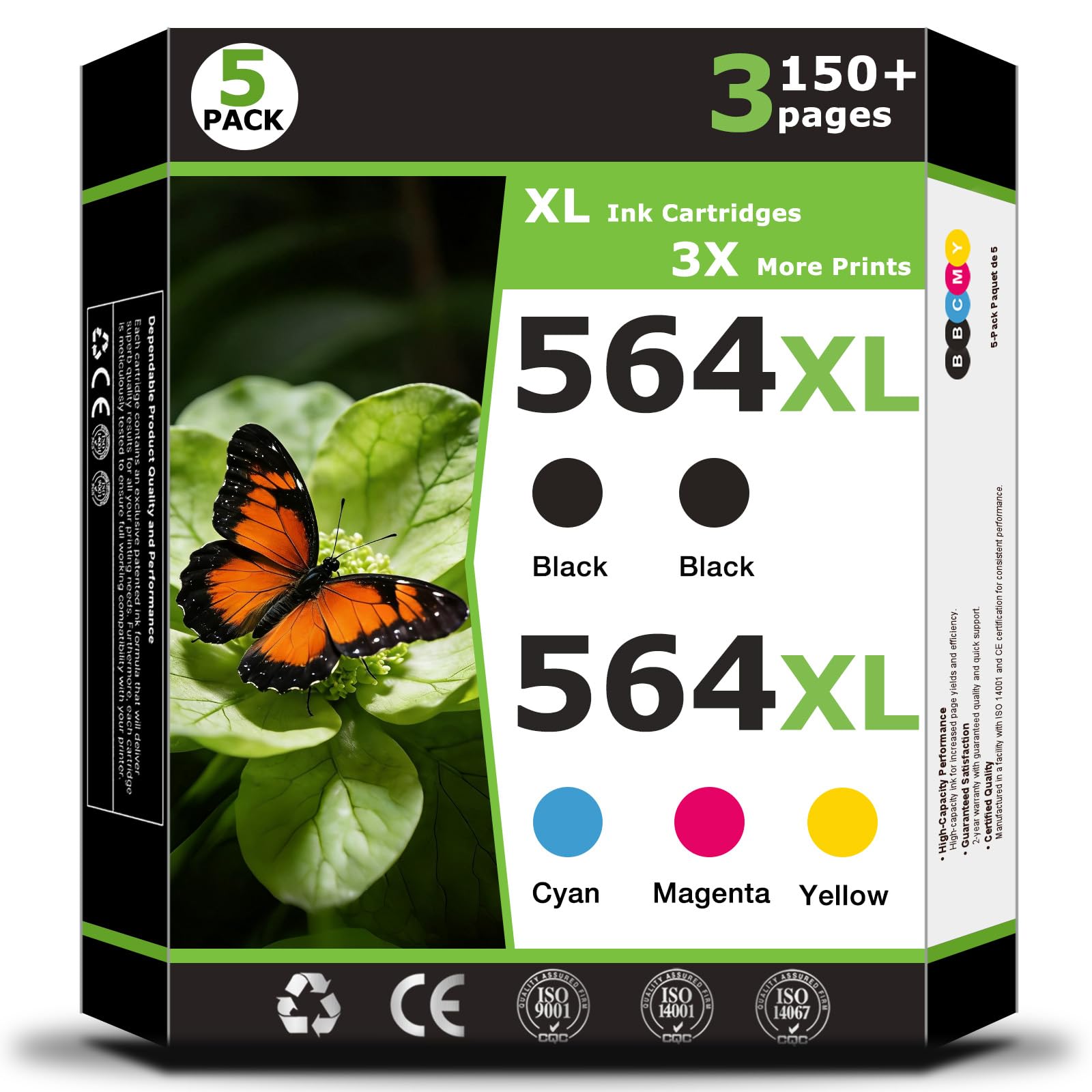 Photo 1 of 564XL Ink Cartridges 5 Pack Combo Pack Compatible for HP564xl 564 ink for HP564 XL Work with DeskJet 3520 3525 OfficeJet 4620 4622 PhotoSmart B8550 C6350 D5460 7515 Printer Cyan Magenta Yellow 2 Black