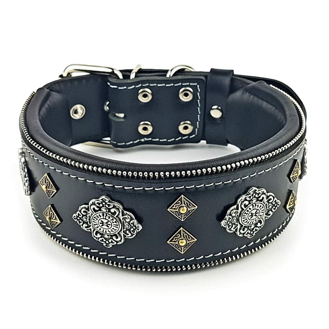 Bestia Aztec BLACK genuine leather dog collar for large breeds. 2.5 inch wide. Soft padded. Made in Europe!