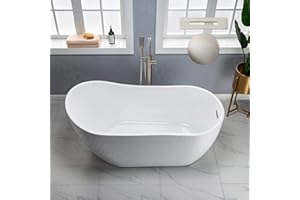 WOODBRIDGE 59" Acrylic Freestanding Bathtub Contemporary Soaking White Tub with Brushed Nickel Overflow and Drain，B-1530 -B/N-Drain &O