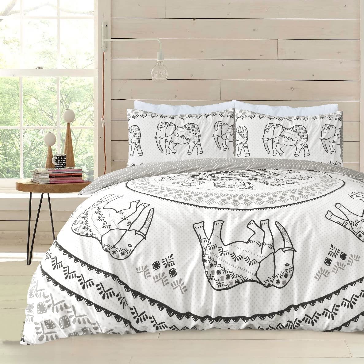 Sleepdown Tribal Elephant Mandala White Grey Black Reversible Duvet Cover Quilt Pillow Case Bedding Set Soft Easy Care - Single (135cm x 200cm)