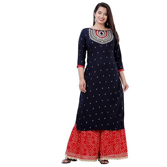 Women's Casual Rayon Embroidered Straight Kurti With Sharara Set(AVC74_Black_Red)