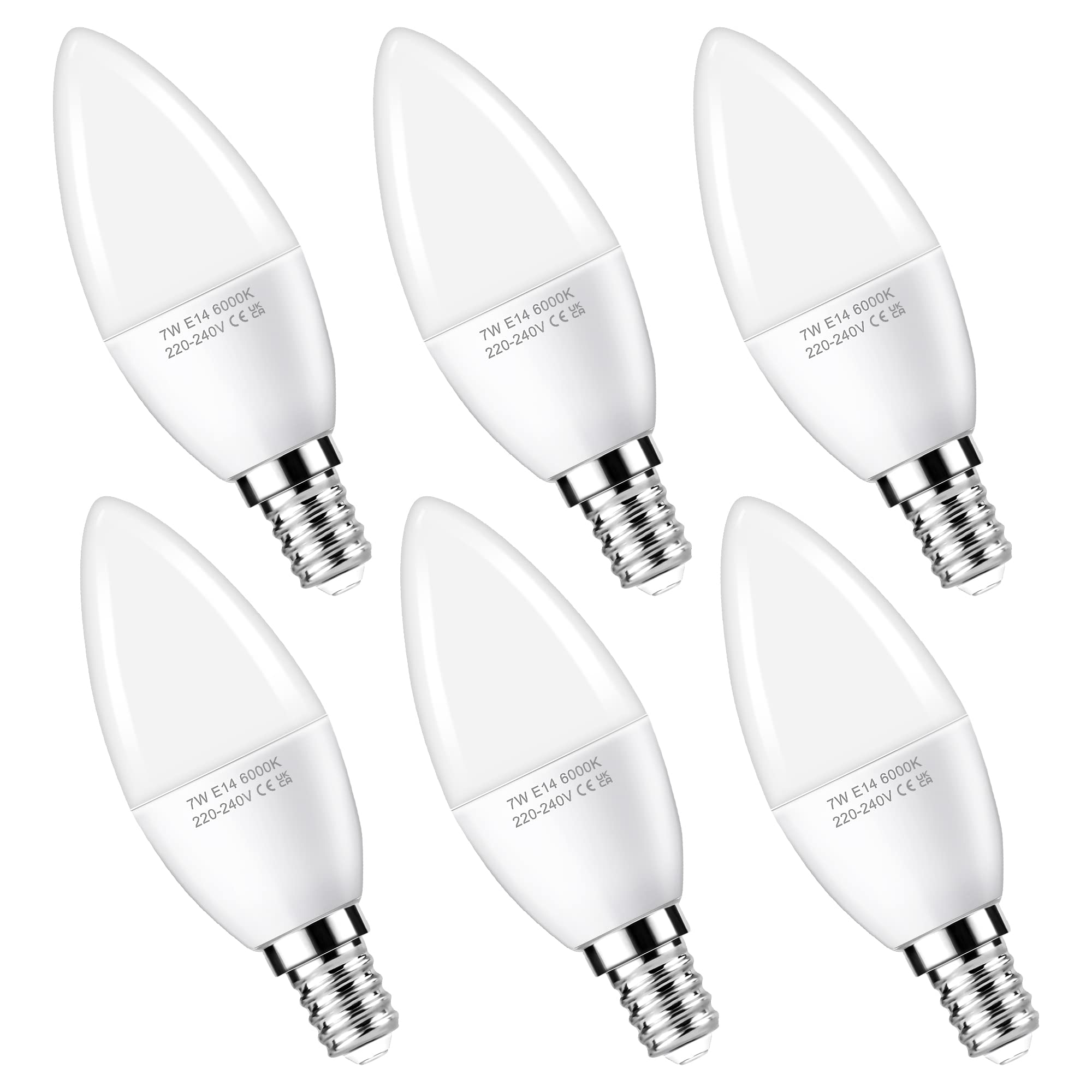 Flaspar E14 LED Candle Light Bulbs, 7W (60W Incandescent Equivalent) SES LED Candle Bulb, Cool White 6000K, Non-Dimmable, 6Pack