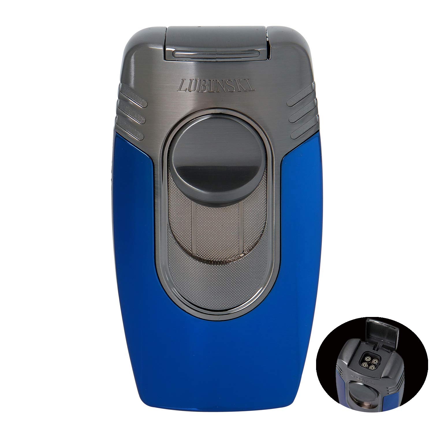 LUBINSKI Windproof Torch Lighter Set, Butane Refillable 4 Torch Jet Flame Cigar Lighter for Outdoor Sports Hiking Camping BBQ Home Kitchen Cooking Tool with Gift Package (Blue&Silver)