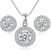 MOLIDAY Cubic Zirconia Solitaire Halo Square Triangle Pendant Necklace Stud Earrings Dainty Jewelry Set for Women Girls