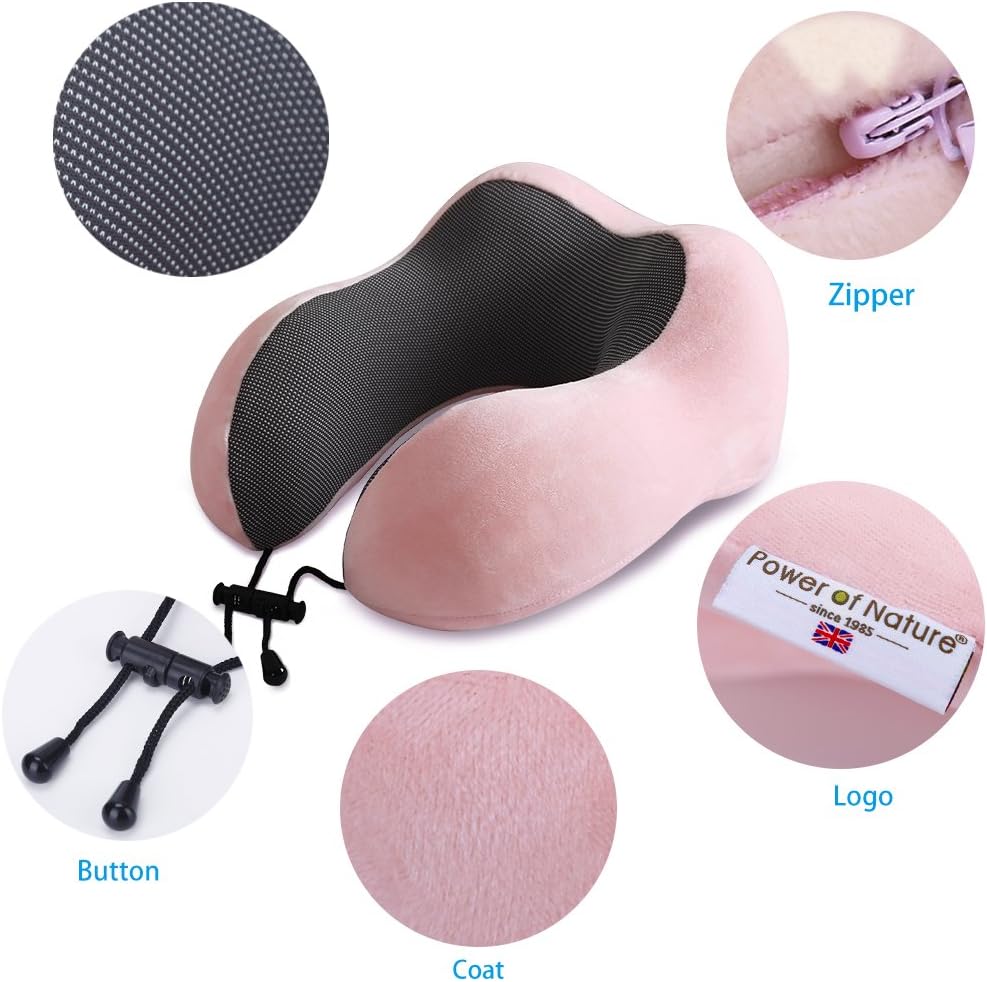 Power of Nature Travel Pillow Luxury Memory Foam Neck & Head Support Pillow Soft Sleeping Rest Cushion for Airplane Car & Home Best Gift(Pink): Home & Kitchen