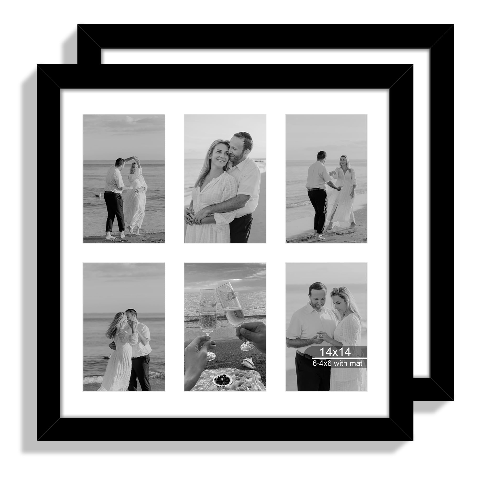 Hongkee 14x14 Picture Frame Set of 2, Black with Glass Collage Frame, Display Photo Six Opening 4x6 With Mat or 14 x 14 Without Mat - Horizontal or Vertical Wall Mounting Image
