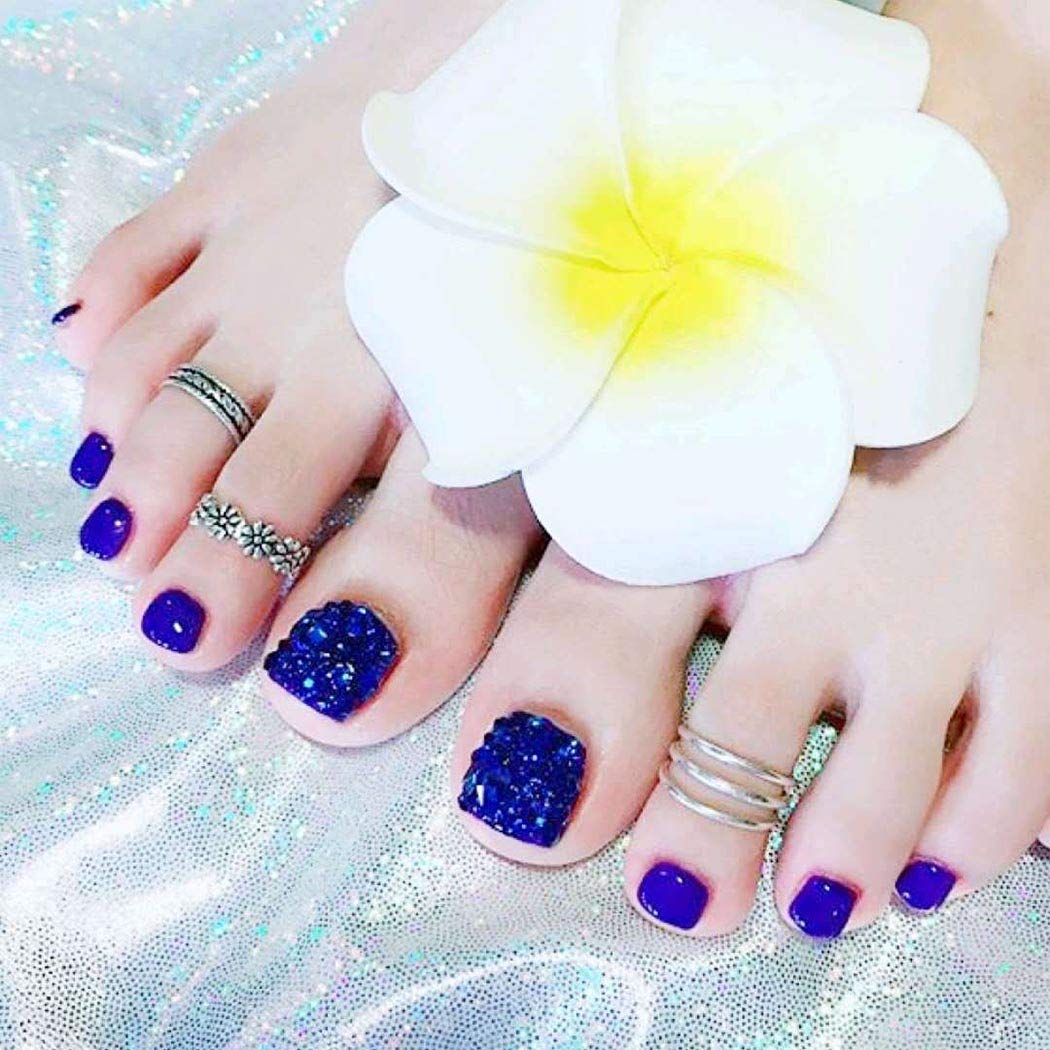 Yienate False Nail for Toe Chic Exquisite Bling Bridal Royal Blue Full Diamond Summer Fake Nail for Toes Full Cover Nail Tips Foot Nails 24Pcs