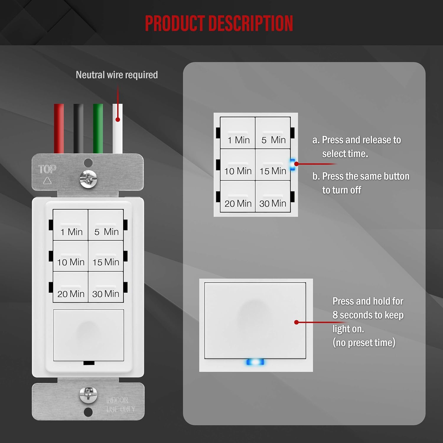 ENERLITES Countdown Timer Switch for bathroom fans and household lights, 1-5-10-15-20-30 Min Settings with Manual Override, Always On Blue LED, Neutral Wire Required, UL Listed, HET06A-R, White: Home Improvement
