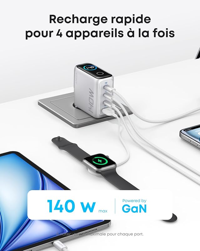 Chargeur USB C 140W, Adaptateur Ordinateur 4 Ports, Rapide, Compact