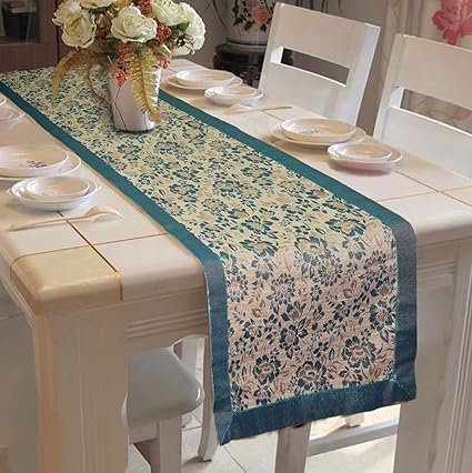 Lushomes Blue Jacquard Design 4 Table Runner Polyester Border (Size: 16x72), Single Piece