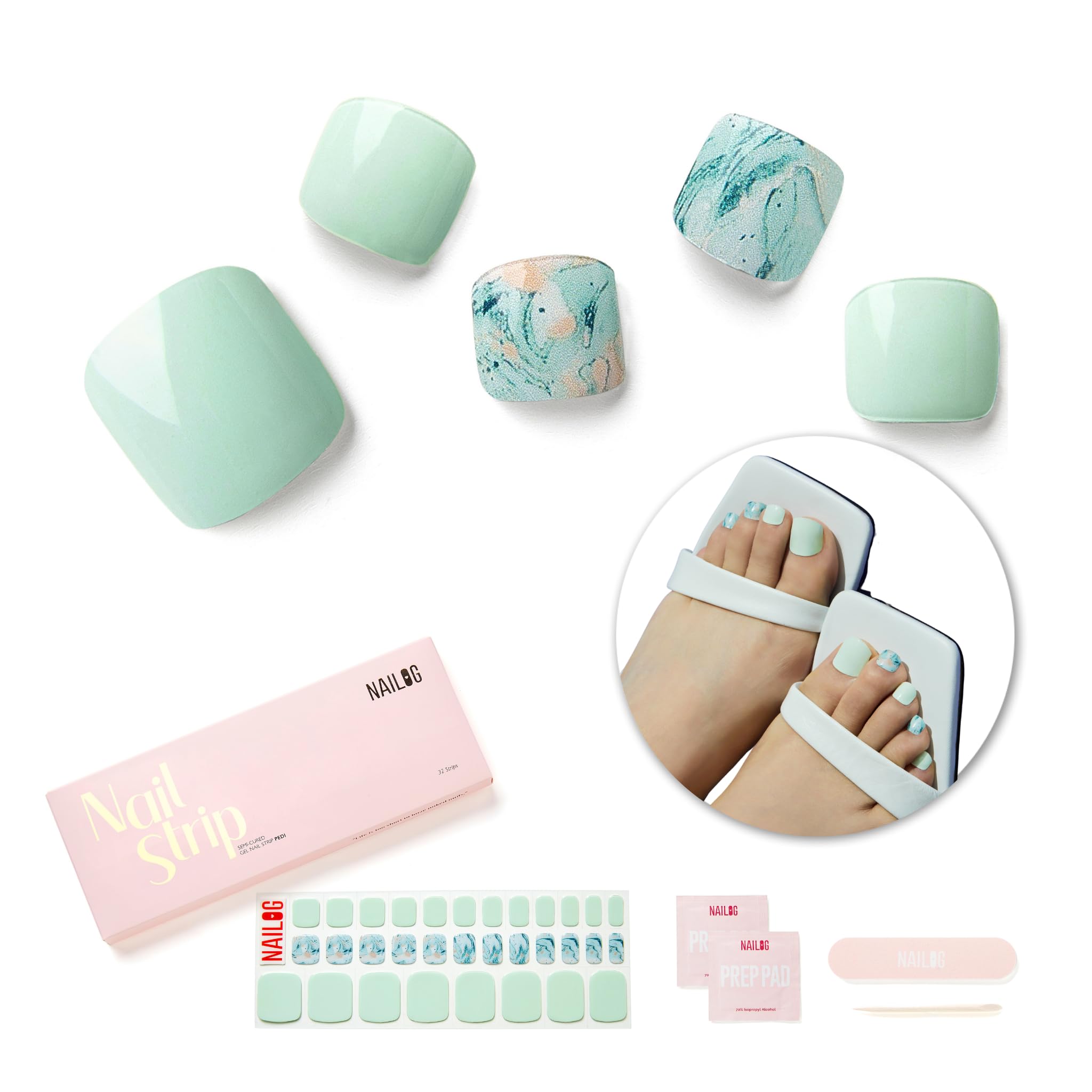 NAILOG Semi Cured Gel Nail Strips, Toe Nail Polish Strips with Glossy Gel Finishing | 32 Pieces Long Lasting Pedi Nail Wrap, Summer Breeze