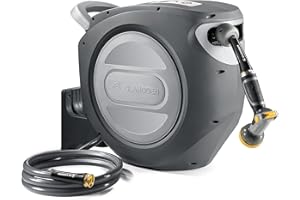 GLAHODEN Retractable Garden Hose Reel 5/8 in x 100 ft Upgraded UV Resistant Heavy Duty Automatic Hose Reel Wall Mount 3/4 in Brass Fitting 9 Pattern Nozzle Any Length Lock Slow Retraction 180° Swivel