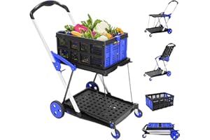 COOCHEER Multi Use Functional Collapsible Carts, Mobile Folding Trolley, Shopping Cart with Storage Crate, Portable Folding Cart, Shopping Cart Folding Trolley for Groceries, Home, Blue