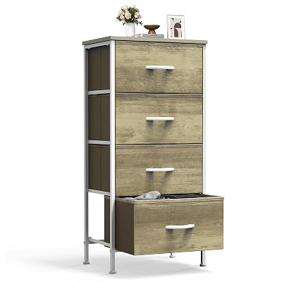 Sweetcrispy Nightstand Small Bedroom Dresser with 4 Fabric Drawers,Bed Side Furniture End Table,Wooden Top Cabinet Night Stand Dresser for Closet,Entryway,Dorm,Oak Greige