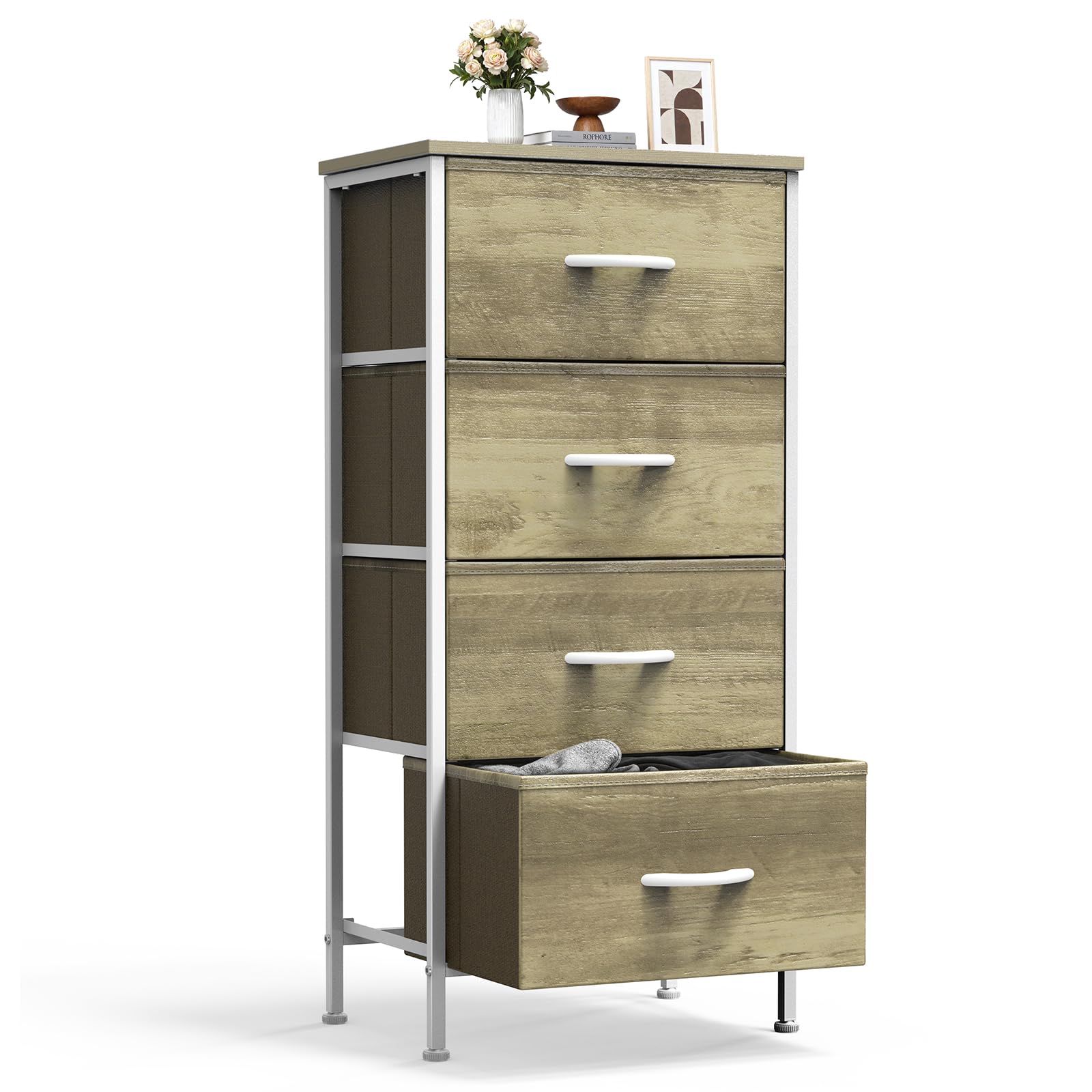 Sweetcrispy Nightstand Small Bedroom Dresser with 4 Fabric Drawers,Bed Side Furniture End Table,Wooden Top Cabinet Night Stand Dresser for Closet,Entryway,Dorm,Oak Greige Image