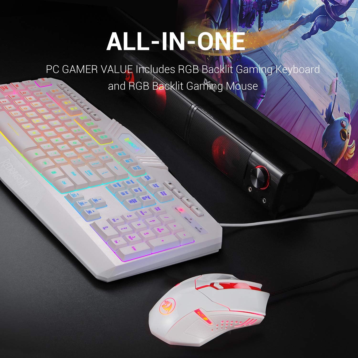 Redragon S101 Wired Gaming Keyboard and Mouse Combo RGB Backlit Gaming Keyboard with Multimedia Keys Wrist Rest and Red Backlit Gaming Mouse 3200 DPI for Windows PC Gamers (White): Computers & Accessories
