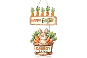 CHDITB Happy Easter Bunny Wooden Sign, Bunny in Carrot Basket Wooden Hanging Plaque, Spring Rabbit Door Hanger, Seasonal East