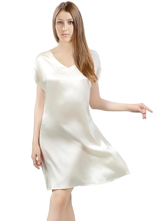 ElleSilk 100% Maulbeerseide Nachtwäsche, Seiden Nachthemd Negligé Kurzarm, 22 Momme