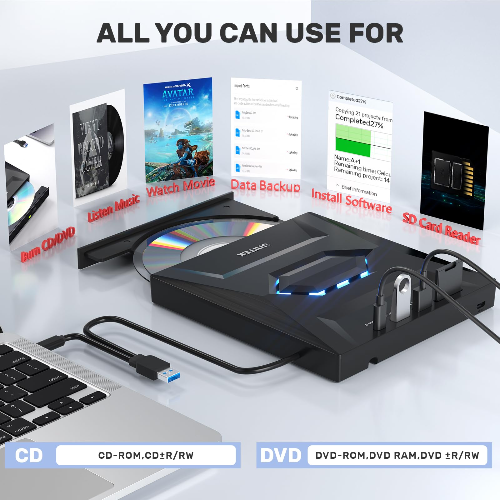 UNITEK Externes CD DVD Laufwerk, USB C Tragbares CD/DVD +/-RW Laufwerk/DVD Player mit SD Card Reader USB 3.0 USB C Hub CD ROM Brenner Kompatibel mit Laptop Desktop PC Windows Linux OS Apple Mac 3