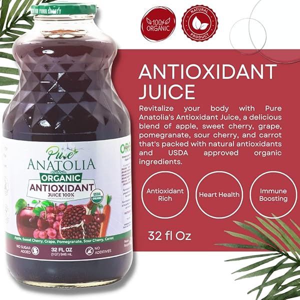 PURE ANATOLIA ORGANIC ANTIOXIDANT DETOX JUICE 32 FL OZ – BLEND OF APPLE, SWEET CHERRY, GRAPE, CARROT, TART CHERRY AND POMEGRANATE – IMMUNE BOOSTING GLASS BOTTLE (PACK OF 1)