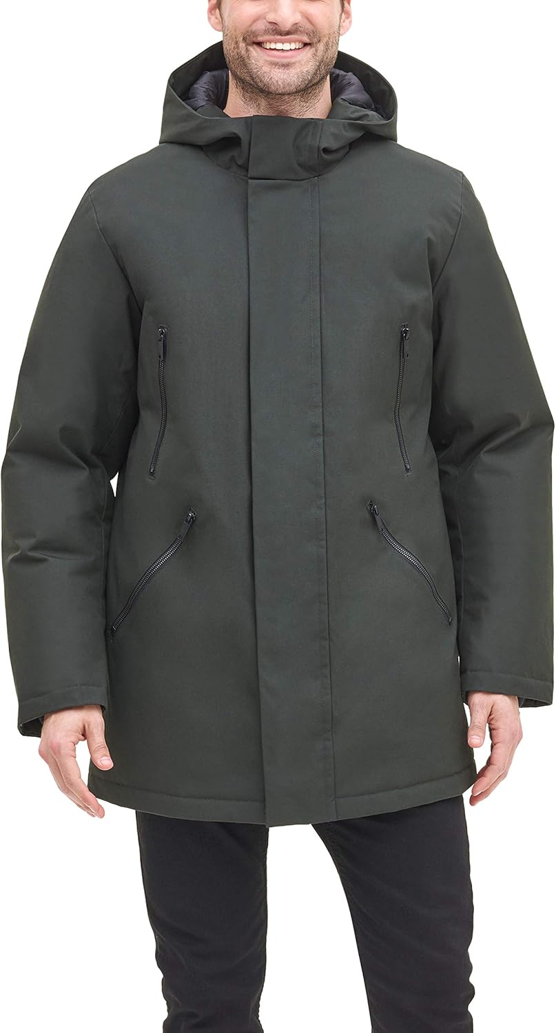 DKNY Men's Water Resistant Hooded Logo Parka Jacket at  Men’s Clothing store