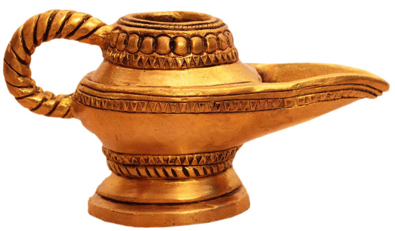 Purpledip Brass Lamp Anajli Holder: Magic Lamp Or Aladin's Chirag Shape Charan Amrit Vessel for Home Temple (10913)