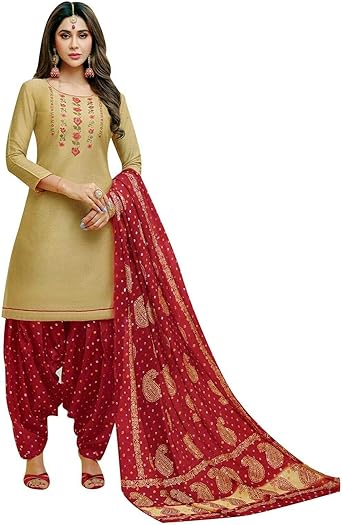 Ladyline Readymade Cotton Silk Embroidered Salwar Kameez With Gadwal Printed Dupatta Indian Womens Dress Size 42 Beige Amazon Co Uk Clothing