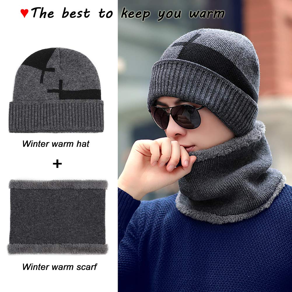 Winter Beanie Hat Scarf Set Thick Soft Lightweight Knit Skull Cap Men Women Nap Cloth Ski Outdoor Sports (Gray&Balck)