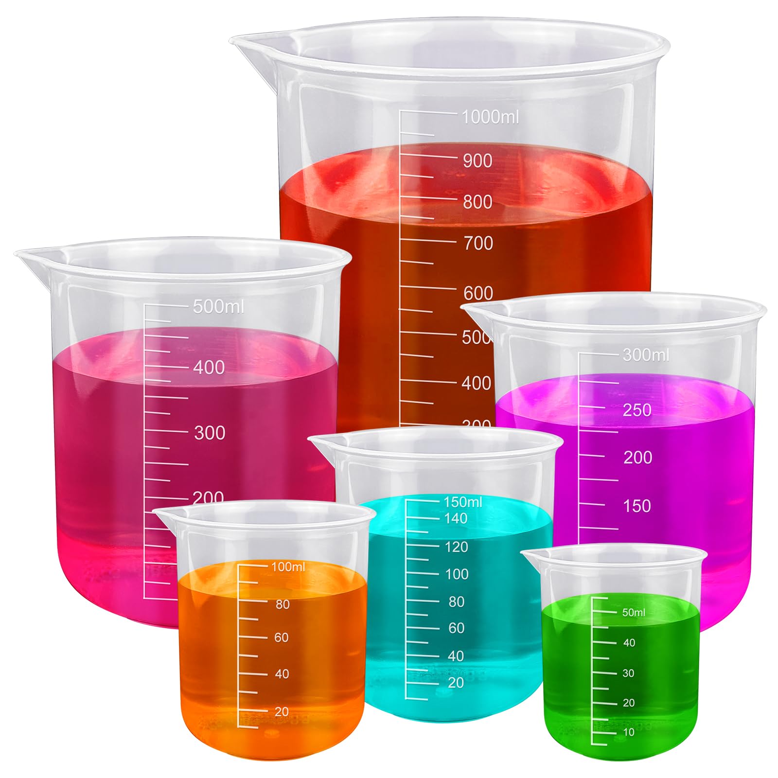 GZLFH Pack of 6 Laboratory Measuring Cups, Transparent Plastic Measuring Cups, 50 ml, 100 ml, 150 ml, 250 ml, 1000 ml, Shatterproof Heat Resistant Precise Scale for Daily DIY Laboratory Measurements