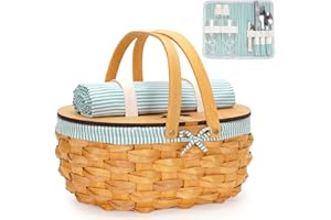 TECANA Picnic Basket for 2 - Picnic Basket Set with Blanket & Tableware, Large Picnic Basket with Lid, Handle and Removable Liner, Woodchip Picnic Baskets for Couples, Beach