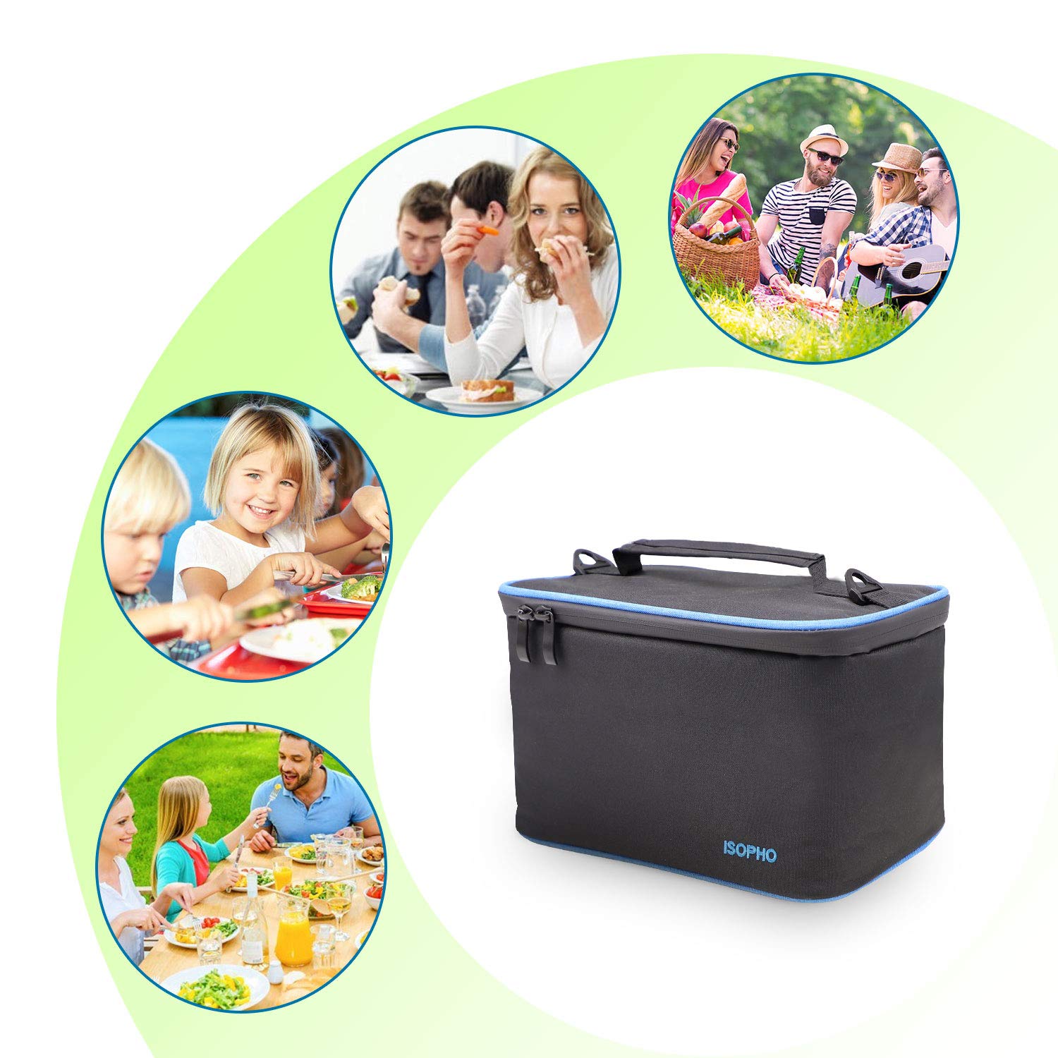 Cool Lunch Bag ISOPHO Picnic Cool Bag 7L Lunch Box for Adults/Men/Women/Kids, Leakproof Insulated Lunch Bag for Work, School, Camping, Black and Light Portable Adjustable Shoulder Strap