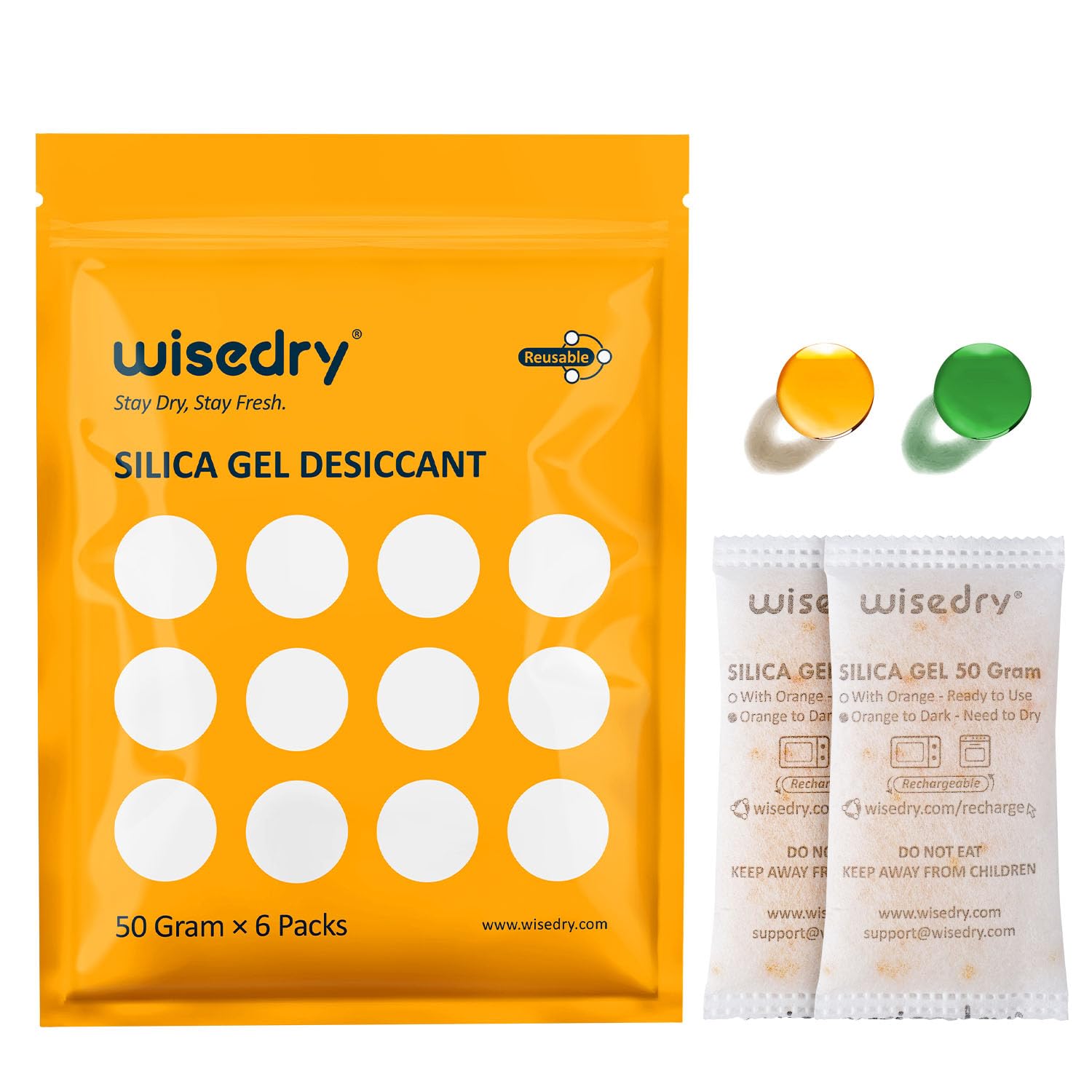 wisedry Rechargeable Silica Gel Sachets 50g [6 PACKS] Food Grade Silica Gel Packets Orange to Green Indicating Desiccant Sachets Fast Reactivate Desiccant Bags for Food Medication Books