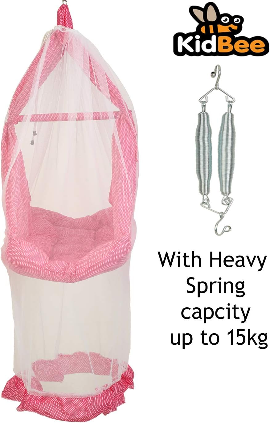 Kidbee Baby Infant Babies jhula Swing Cradle with Mosquito Net and Spring (Pink)