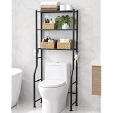 GloTika 3-Tier Over Toilet Storage Cabinet, No Drilling, 64" H, Black | Bathroom Shelf, Carbon Steel, 39" Clearance, 150lb Capacity, Anti-Tilt Kits, Paper Holder &amp; 4 Hooks, Renter Friendly