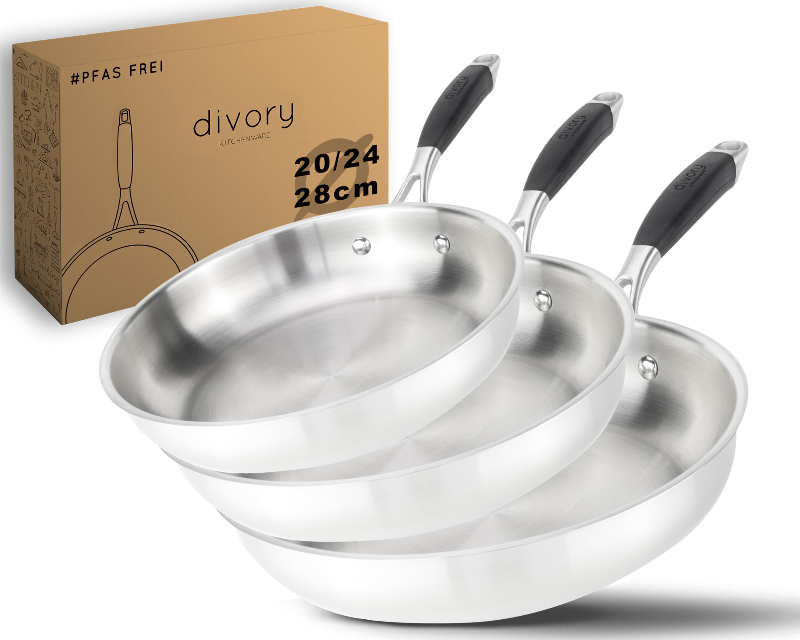 DIVORY Edelstahlpfannen Set 20, 24, 28 cm – Unbeschichtete Pfannen ohne PTFE & PFOA, Bratpfannen Edelstahl für Induktion & alle Herdarten, Pfannenset für Röstaromen – Stainless steel frying pan (PURA)