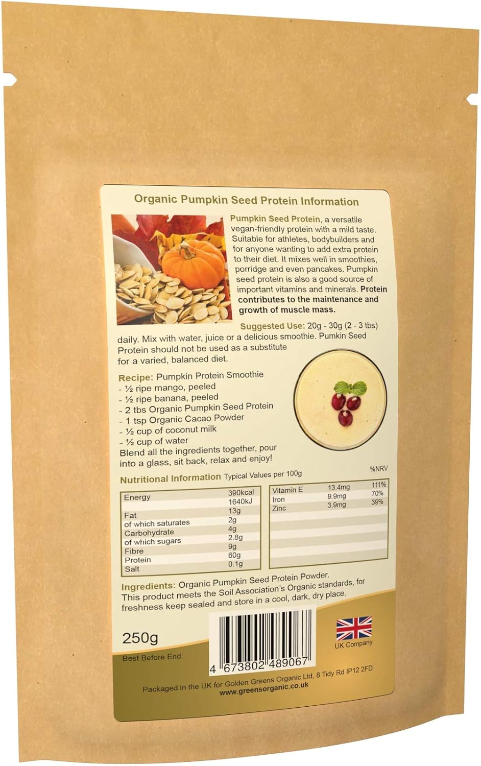 Golden Greens Organic Pumpkin Seed Protein Powder 250g, White, 250 g (Pack of 1) - Image 3