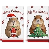 Christmas Kitchen Towels Capybara 18 x 26 Inch Set of 2 Dish Towels Hand Towels for Winter Holiday Home Indoor Bathroom Party Dining Decor Gifts
