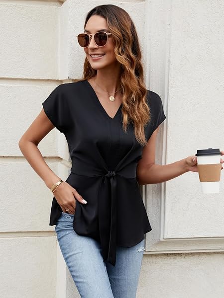 CICIBIRD WOMEN 2024 ELEGANT SHIRT SUMMER WORK TOPS CASUAL TIE FRONT PEPLUM BLOUSE BLACK S